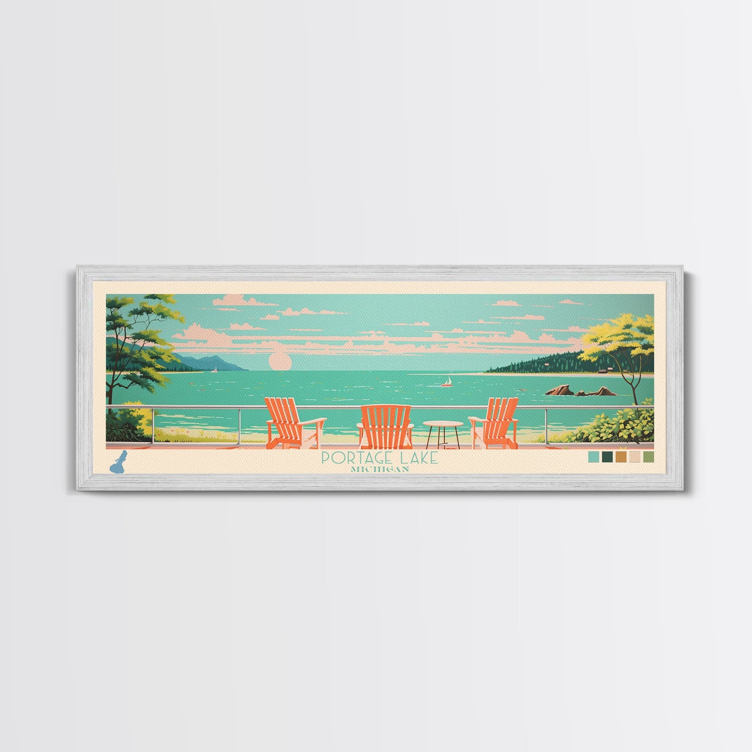 Portage Lake, Michigan Framed Canvas Print, Bedroom Art, Midcentury Modern, Pop Art, Panoramic Wall Art, Travel Poster