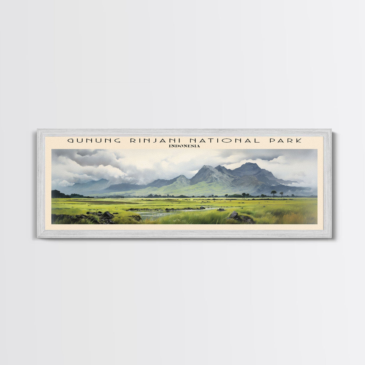 Gunung Rinjani National Park COUNTRY | Framed Travel Poster Canvas Print | Trendy Wall Art | Watercolor Painting | Living Room Art | Unique Art
