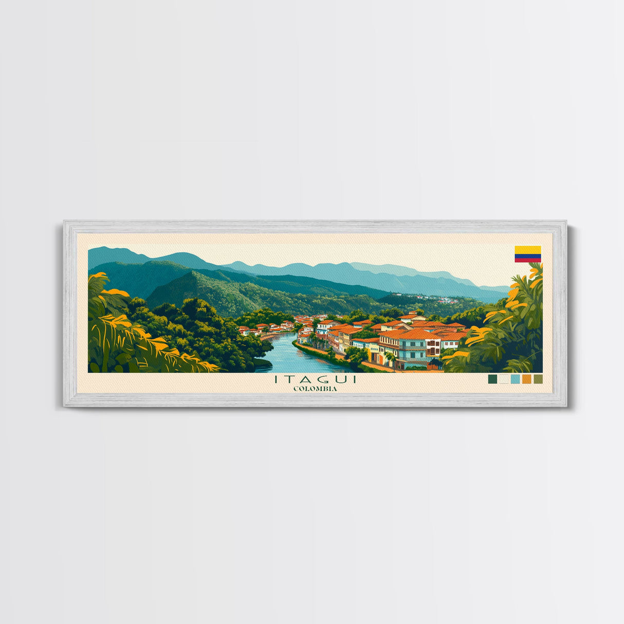 Panoramic Travel Poster Itagui, Colombia Canvas Print, Itagui, Colombia Painting, Colombia Art, Itagui Travel Art, Guest Room Painting