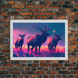 Vaporwave landscape, Elk in the plains at sunset, framed canvas art, canvas print, framed wall art