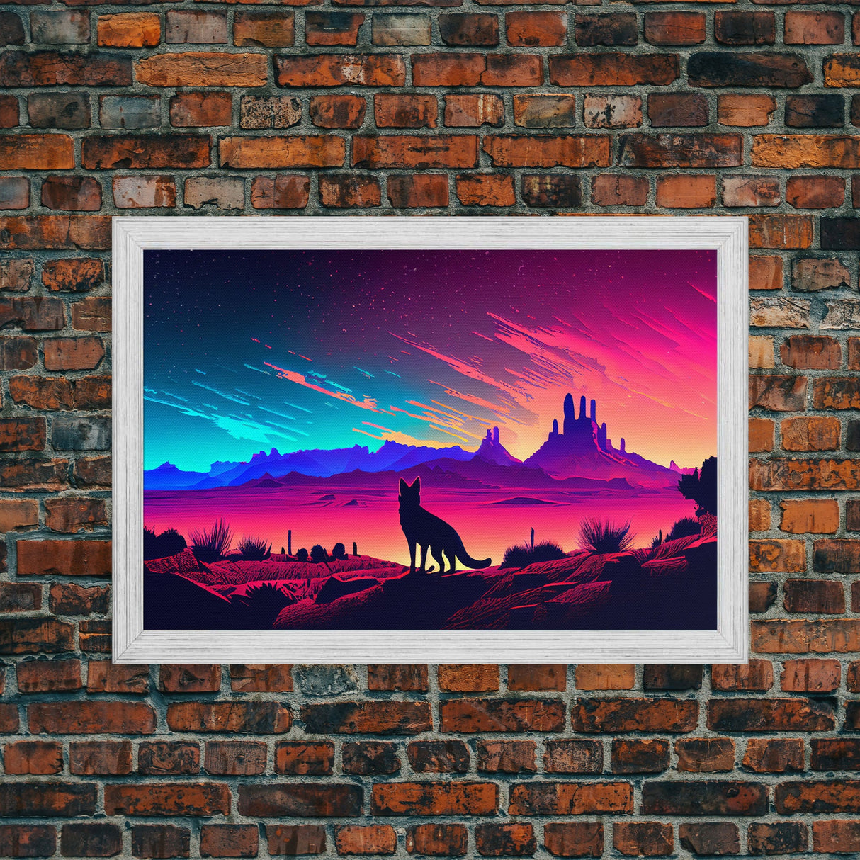 Cute fox in an Arizona desert landscape, framed canvas print, framed wall art, synthwave art