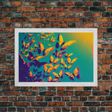 Synthwave Tangerine butterflies, beautiful butterfly art, framed canvas print, framed wall art