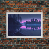Reflections on the lake at midnight, framed canvas print, vaporwave aesthetic, purple sky