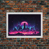 Vaporwave Cityscape Night Full Moon Purple Wall Poster, Fine Art Print, Wall Decor, Wall Art Print