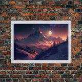Mt. Everest Art, full moon over a mountain landscape, watercolor, framed canvas print, unique wall art