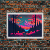 Synthwave style watercolor painting of a mountain and forest, framed canvas print, colorful wall art