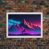 Retro style art, wolf looking on the mountains, framed canvas print, pastel art