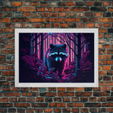 Cute racoon in the forest, vaporwave aesthetic animal art, framed canvas print, colorful animal art