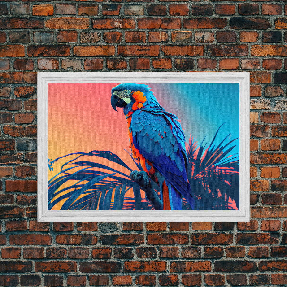 Birds of Paradise, Tropical Blue Parrot, Framed canvas print, beautiful wall art for vacation home