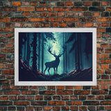 Mythical stag in the forest, fantasy art, framed canvas print, mythical creatures