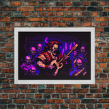 Human bard pixel art, vaporwave RPG concept art, framed canvas print, synthwave tabletop art