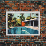 The Pool House, Mid Century Modern Decor, Framed Wall Art, Architectural Print, Retro Art, Swimming Pool Art, Framed Painting