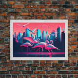 Pink Flamingos, Vaporwave aesthetic style art, framed canvas print, framed wall art