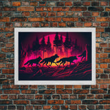 Wolf Pack on the hunt at sunset, synthwave animal art, framed canvas print