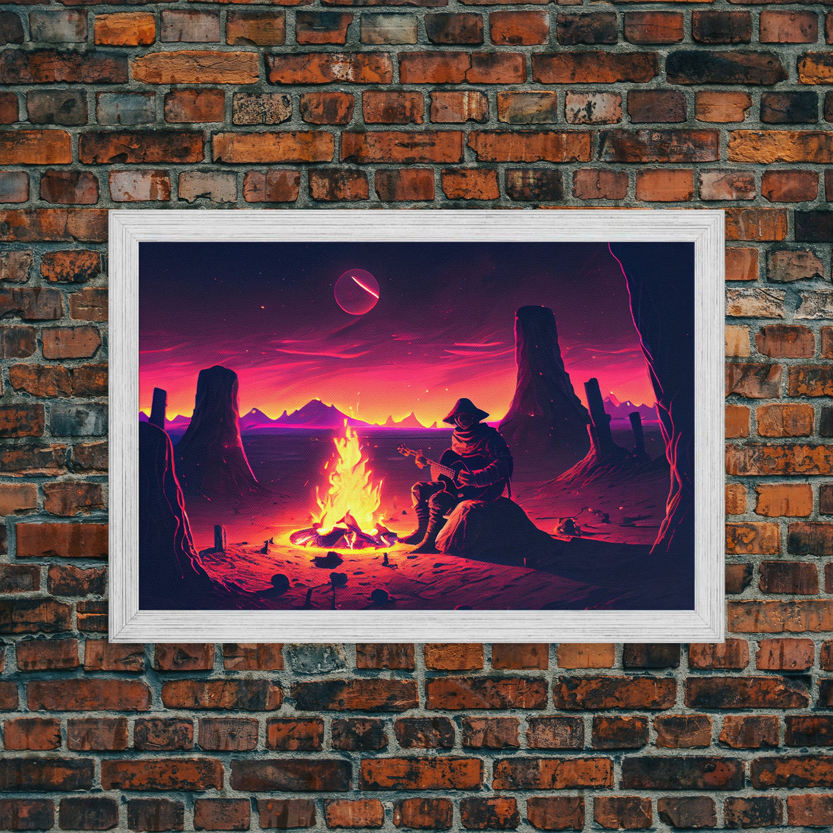 Valley Canyon Man Campfire Guitar Landscape Magenta Fine Art Print, Wall Art Print, Wall Poster, Wall Décor