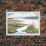 Pink flower landscape art, beautiful nature watercolor painting canvas print, Framed Canvas Print, Wall decoration, living room wall art