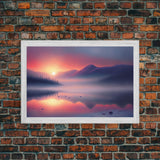 Foggy Sunset Over a Pine Forest and Lake, Fall Tones, Wall Decoration, Framed Canvas Print, cool wall art, minimalist boho wall art