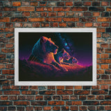 Retro Synthwave Style Lion Art, African Wildlife, Framed Canvas Print, Pastel Tones Wall Decor