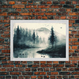 Watercolor of a foggy pine tree forest, framed canvas print, unique wall art, contemporary art, modern art