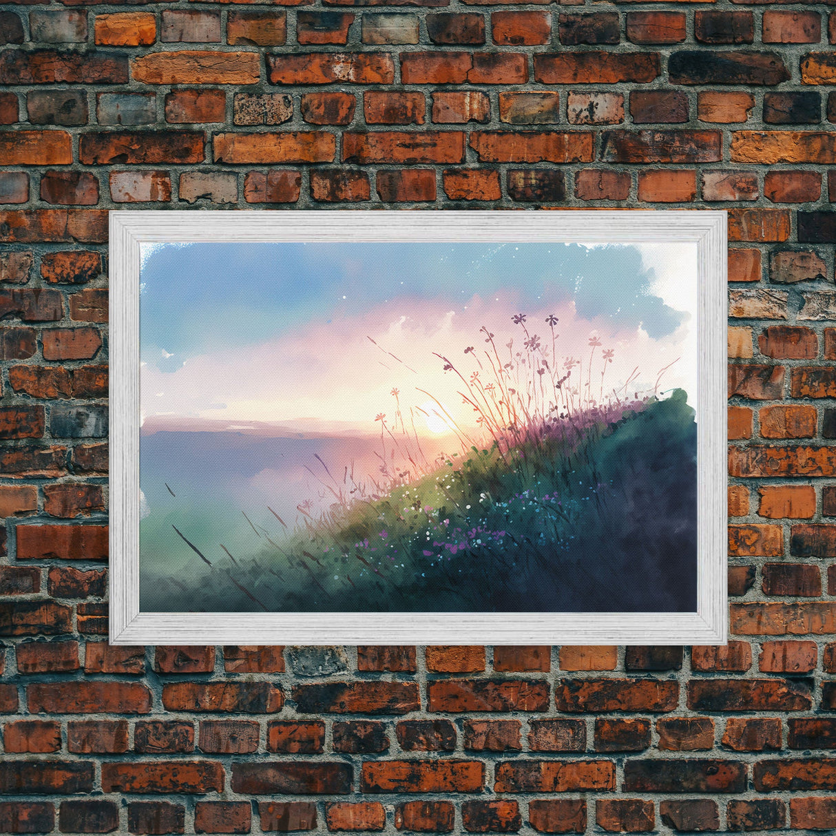 Serene Sunset, Watercolor Landscape Art, Framed Canvas Print, colorful wall art, above couch living room art