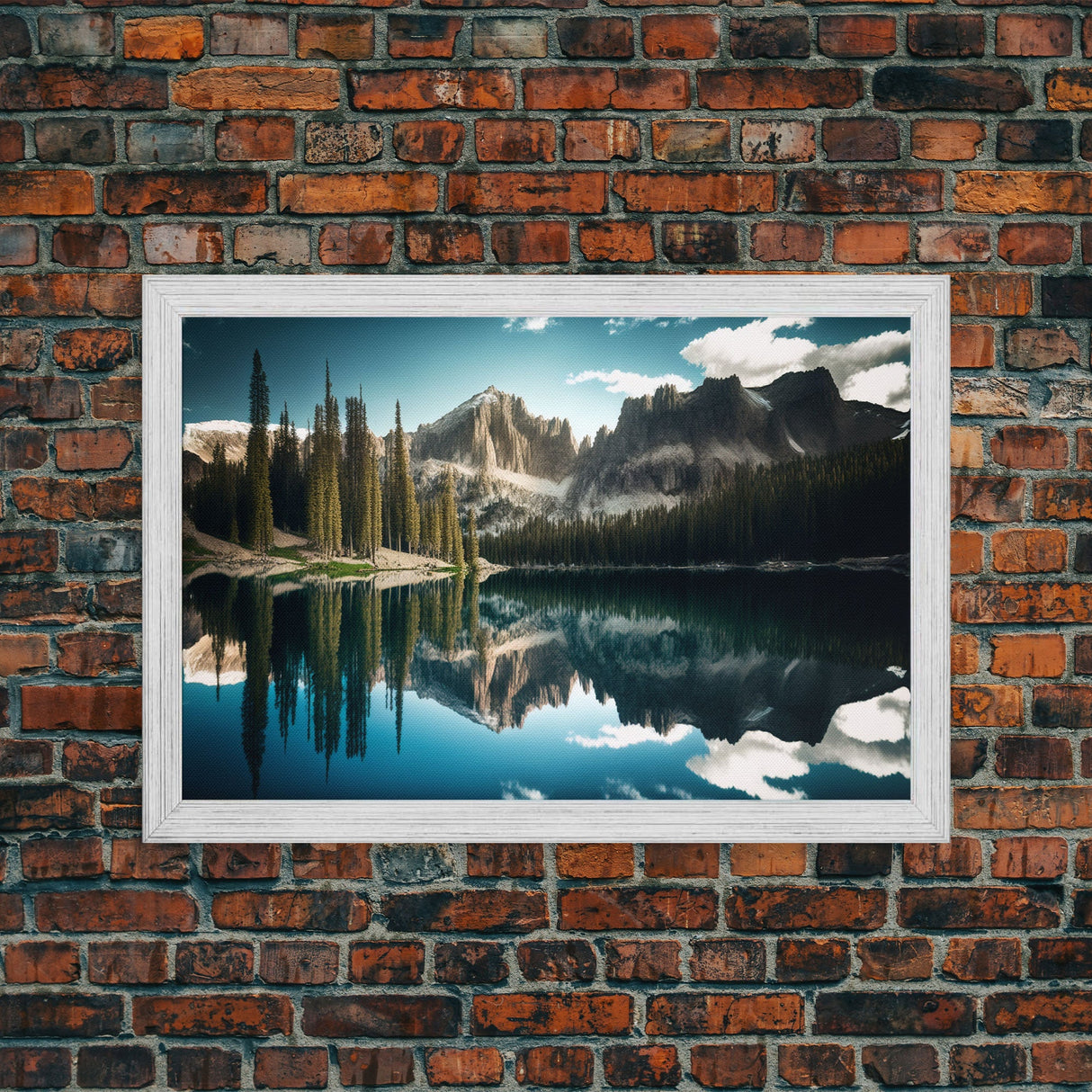 Reflections on a winter lake, watercolor landscape art, framed canvas print, pine tree winter forest