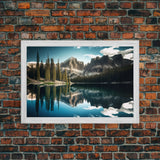 Reflections on a winter lake, watercolor landscape art, framed canvas print, pine tree winter forest