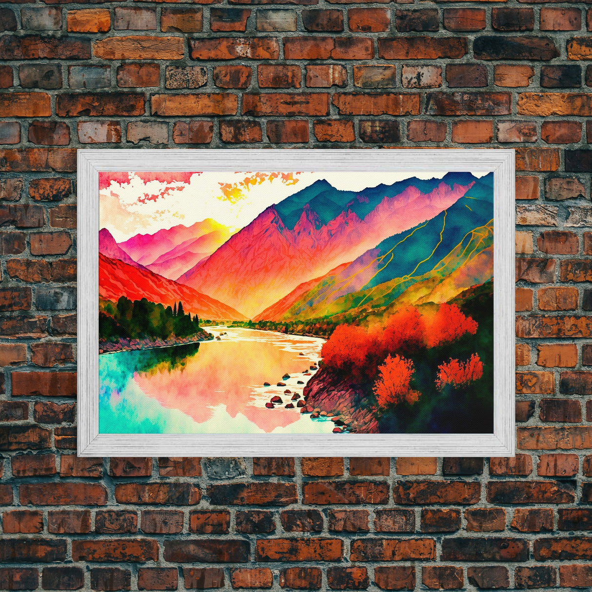 Watercolor Landscape, Rainbow Landscape Art, Framed Canvas Print, Unique Primitive Style Landscape Decor