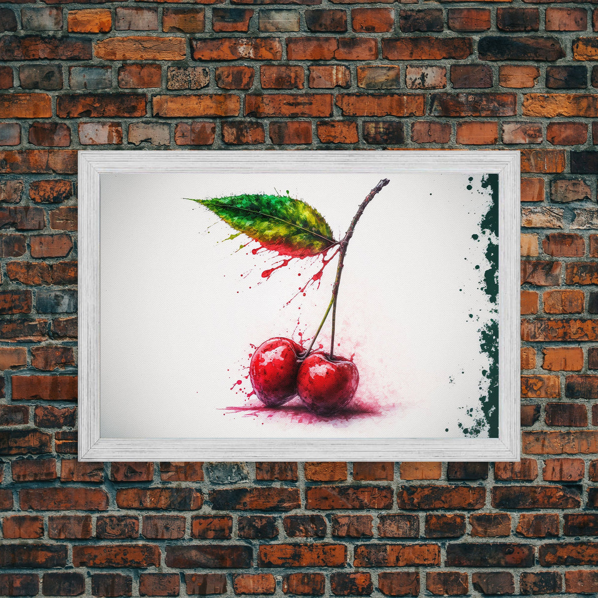 Watercolor Cherry, Still Life Paint Splatter Art, Framed Canvas Print, Fruit Art, Cherries with Stems Watercolor Painting