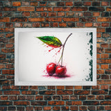 Watercolor Cherry, Still Life Paint Splatter Art, Framed Canvas Print, Fruit Art, Cherries with Stems Watercolor Painting