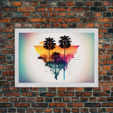 Retrowave / Synthwave Sunset Behind Beautiful Palm Trees, 1980s Style Retro Home Decor, Framed Canvas Print, Double Exposure Art