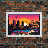 Beautiful Portland, Oregon Retro Synthwave Style Sunset Art, Framed Canvas Print, Pacific Northwest City Art