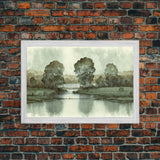 Vintage Landscape Wall Art Print, Nature Framed Large Gallery Art, Minimalist Art Ready to Hang, With Hangers, Muted Farmhouse Art