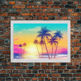 Colorful sunset Wall art, Framed Canvas Print, Synthwave Style, Guest room art, Pop Art Style, Watercolors, Beautiful art, Tropical Art