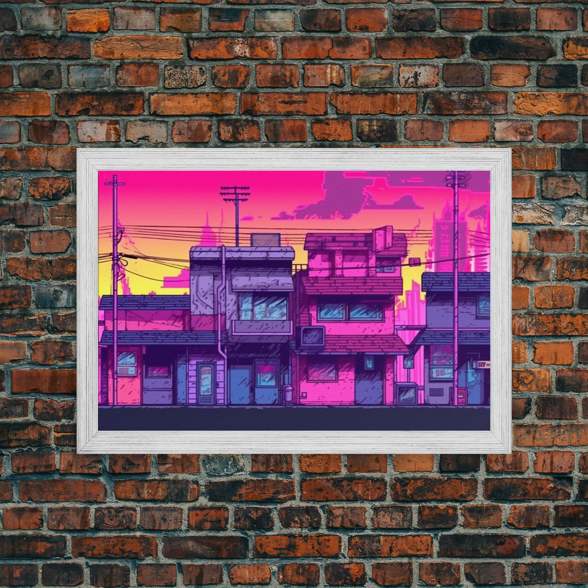 Neighborhood Wall Art - Framed Canvas Print - Original painting - Pop Art Style - Colorful painting - Synthwave Style - Pink colors