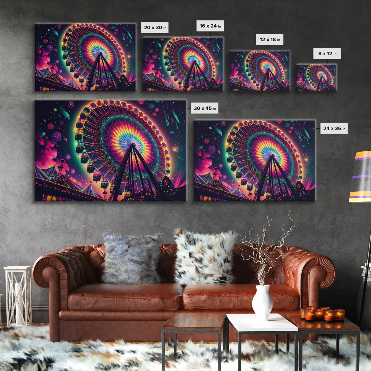 Colorful boardwalk art, neon lit night time ferris wheel, framed canvas print, framed wall art