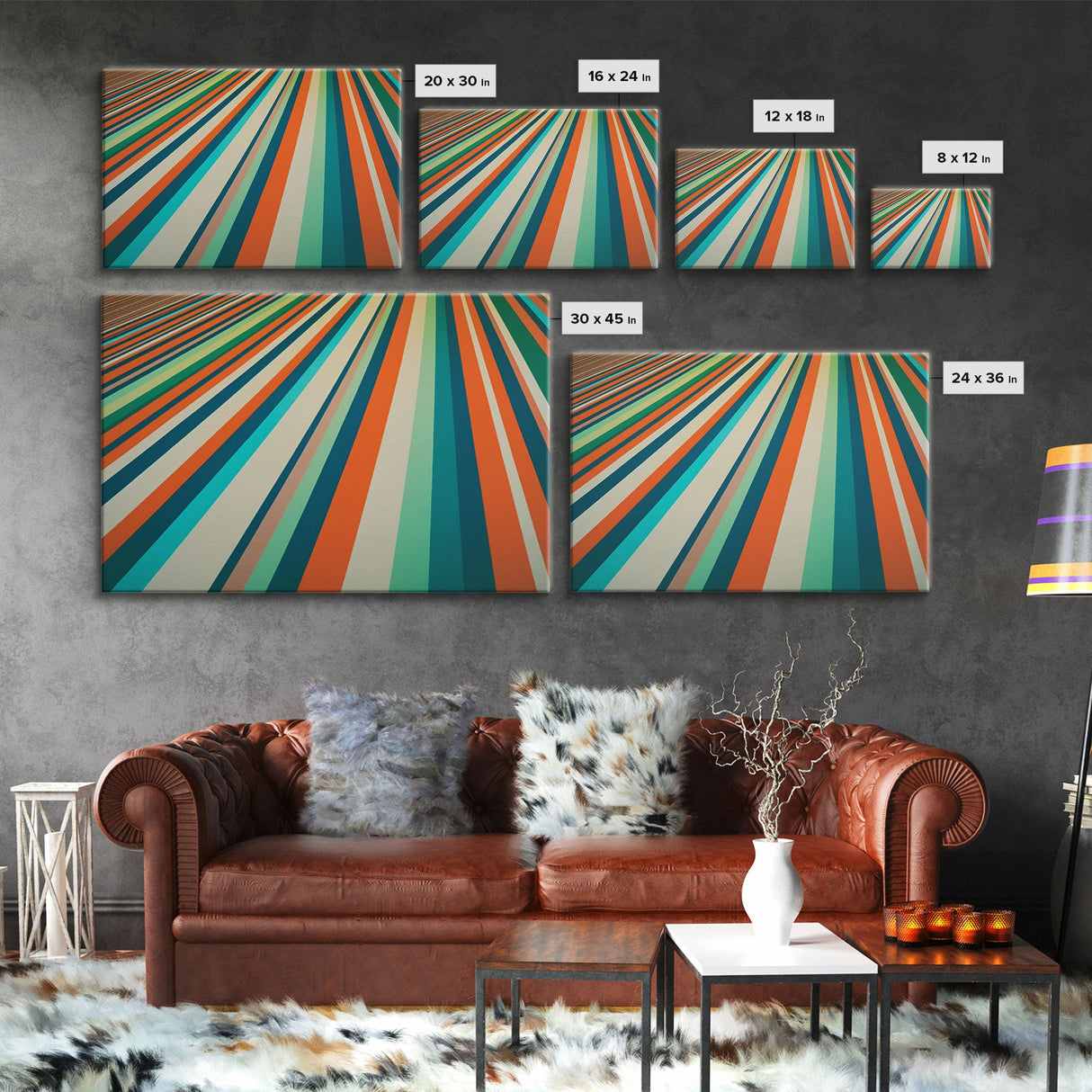 Mid Century Wall Art Canvas Print Teal Orange Olive Green and Brown Decor Large Wall Art for Home Retro Modern Design Light Highway