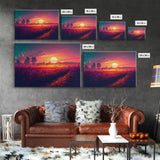 Watercolor of a beautiful sunset over a vibrant field of flowers, framed canvas print, framed art