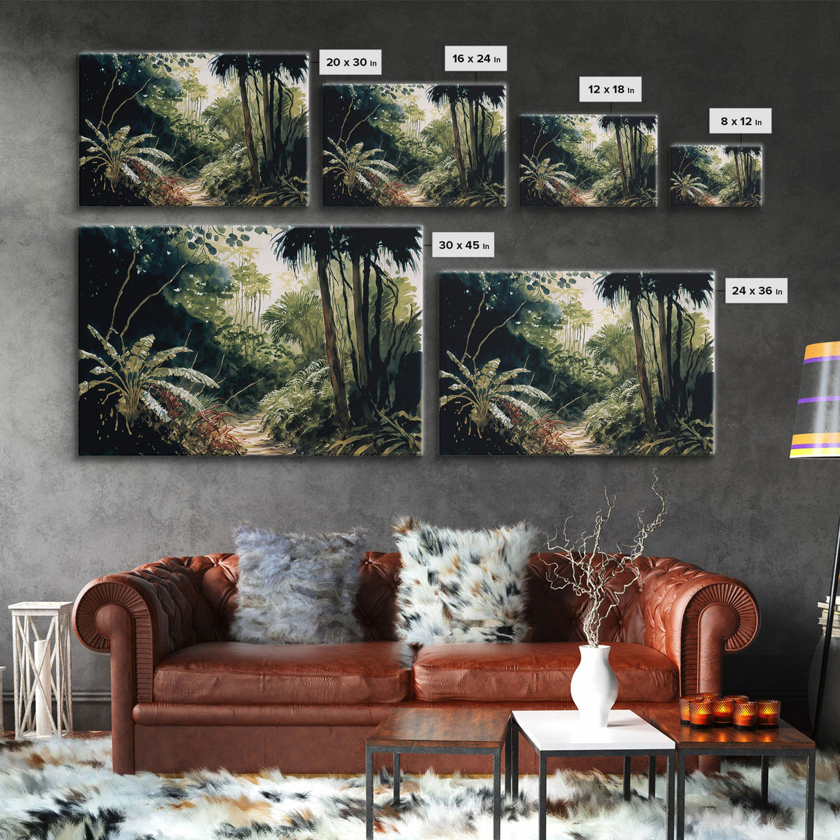 Watercolor of a Jungle Landscape, Framed Canvas Print, Framed Wall Art