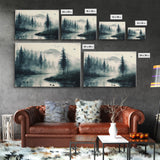 Watercolor of a foggy pine tree forest, framed canvas print, unique wall art, contemporary art, modern art