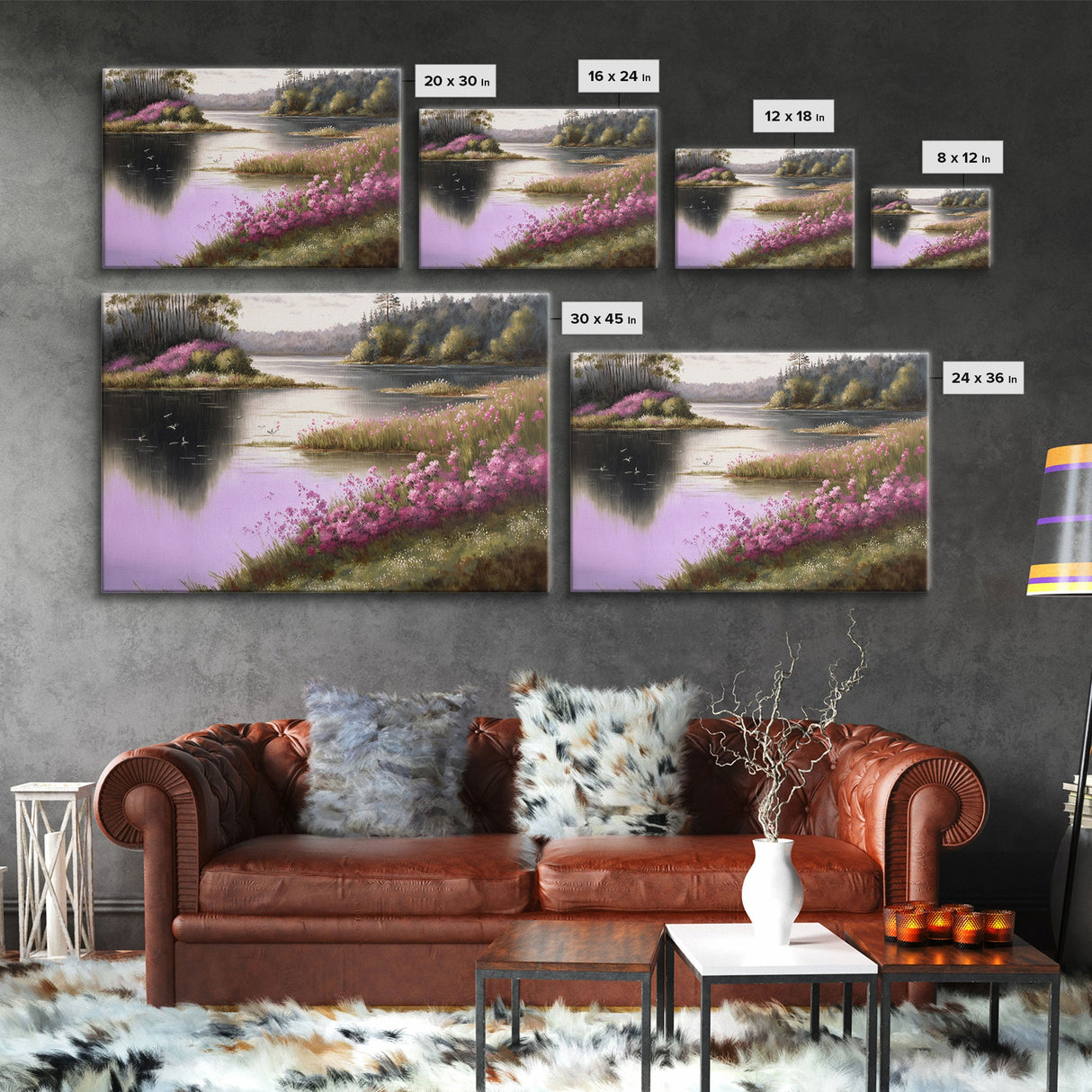 Pink flower landscape art, beautiful nature watercolor painting canvas print, Framed Canvas Print, Wall decoration, living room wall art