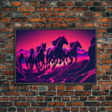 Pack of Wild Horses, American Western decor, framed canvas print, synthwave animal art
