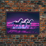 Pastel Wild horses running in the moonlight, vaporwave aesthetic art, framed canvas print