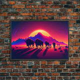 Synthwave American Buffalo, Retrowave art, herd of Bison and a setting sun, framed canvas print