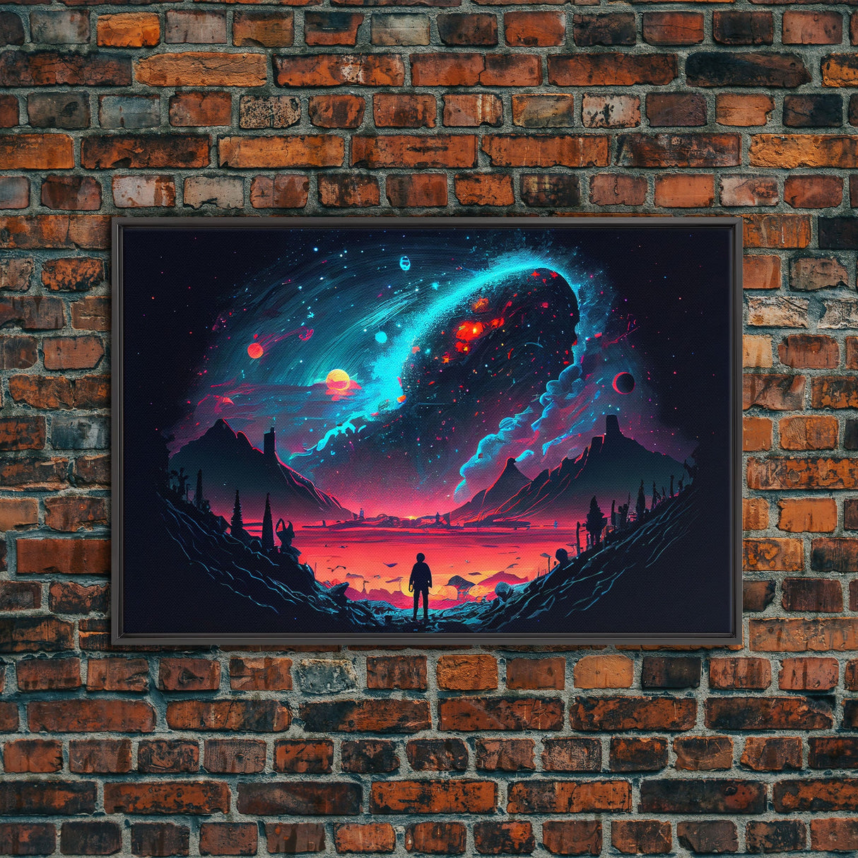 Strange new worlds among  the stars, scifi retrowave art, framed canvas print, unique wall art