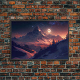 Mt. Everest Art, full moon over a mountain landscape, watercolor, framed canvas print, unique wall art