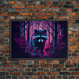 Cute racoon in the forest, vaporwave aesthetic animal art, framed canvas print, colorful animal art