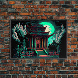 Japanese Pagoda pixel art, cyberpunk style pagoda, framed canvas print