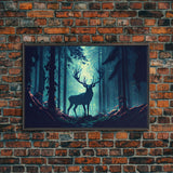 Mythical stag in the forest, fantasy art, framed canvas print, mythical creatures
