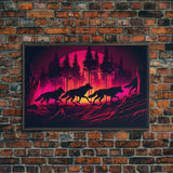 Wolf Pack on the hunt at sunset, synthwave animal art, framed canvas print