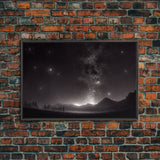 Black and white Watercolor of a starry night sky over a pine forest, framed canvas print